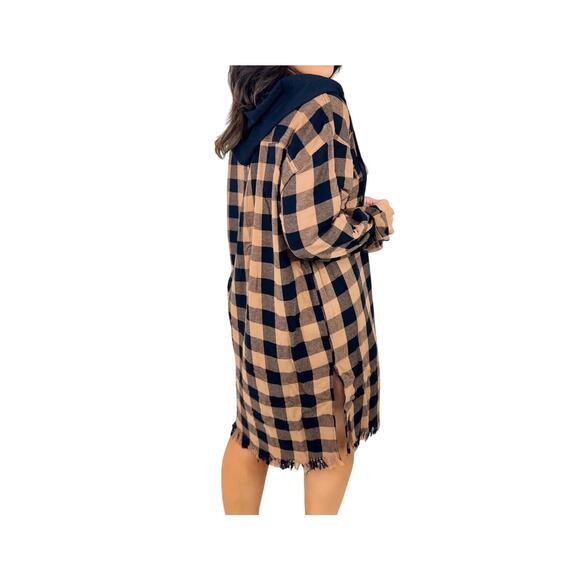 NWT RISEN Riding Shotgun Shacket Plaid Shirt Dress with Hood Sand Women's Size S - Picture 3 of 9